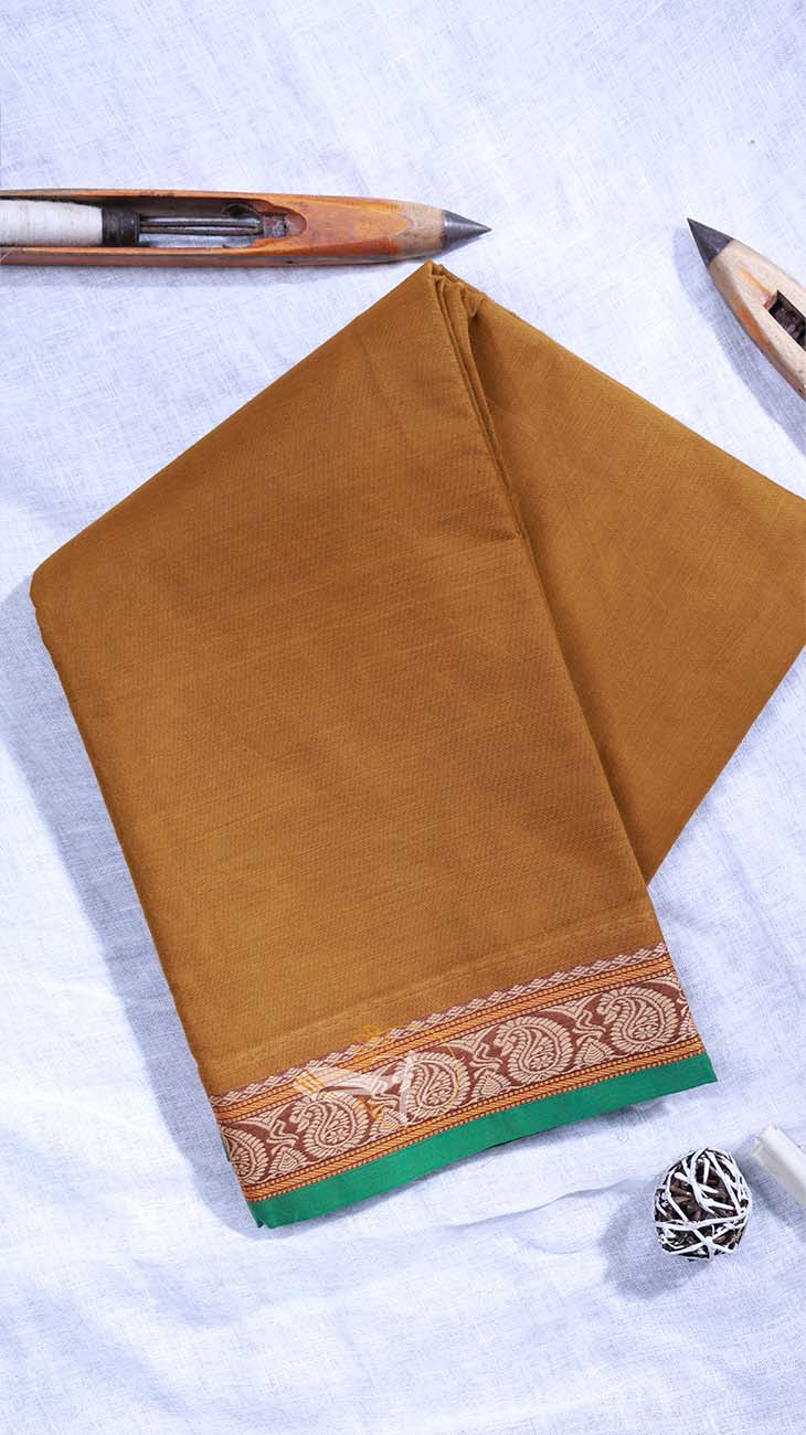 Brown saree with a green border on a white background