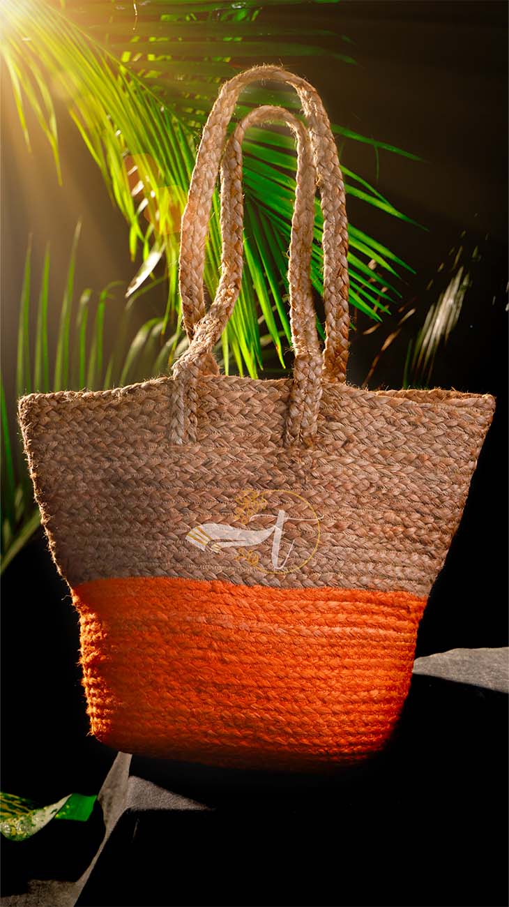 Woven bag with a dachshund design on a dark background