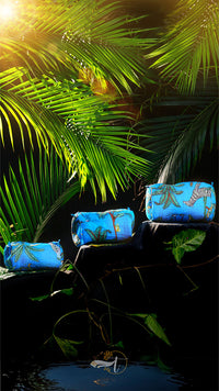 Blue pouches with zebra pattern on a rock surrounded by green foliage