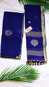 Blue saree with gold and white patterns on a white background