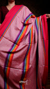 Pink saree with colorful stripes held by a person against a dark background