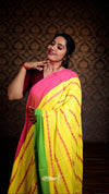 Woman wearing a yellow and pink saree with a green blouse against a patterned wall.