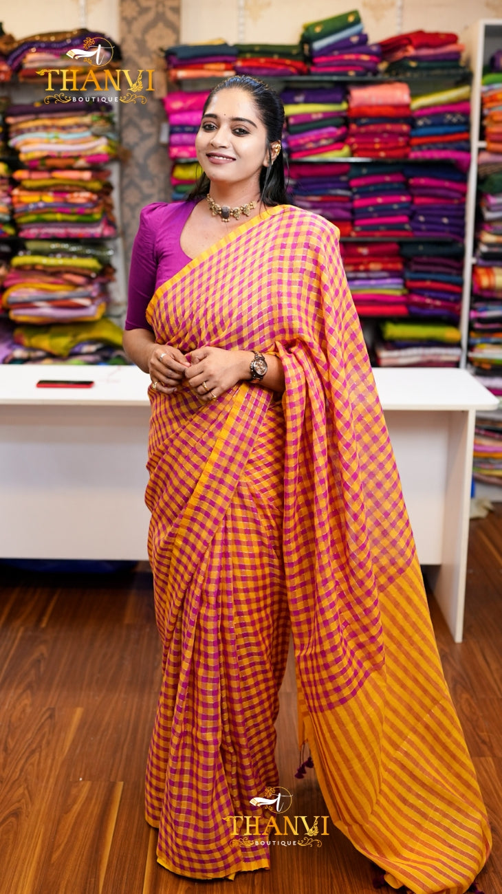 Popstick Check Zari Saree