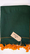 Green scarf with orange tassels and a visible brand tag on a white background