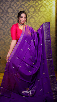 Woman wearing a purple saree with a pink blouse against a patterned wall.