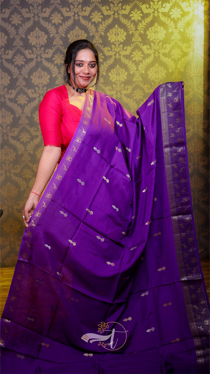 Woman wearing a purple saree with a pink blouse against a patterned wall.