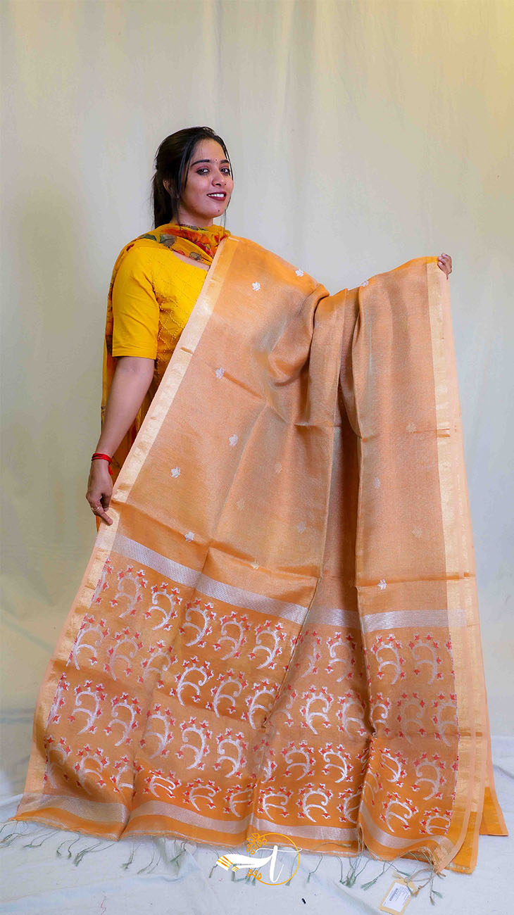 Woman holding a traditional saree with a plain background