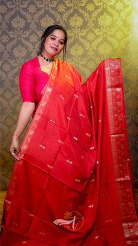Woman wearing a red saree with a gold border against a patterned wall.