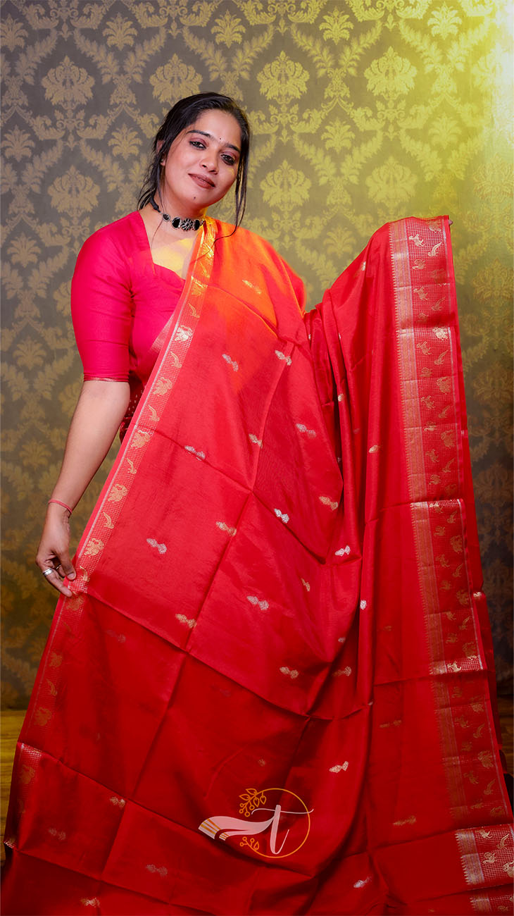 Woman wearing a red saree with a gold border against a patterned wall.