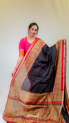 Woman wearing a traditional saree with a plain background