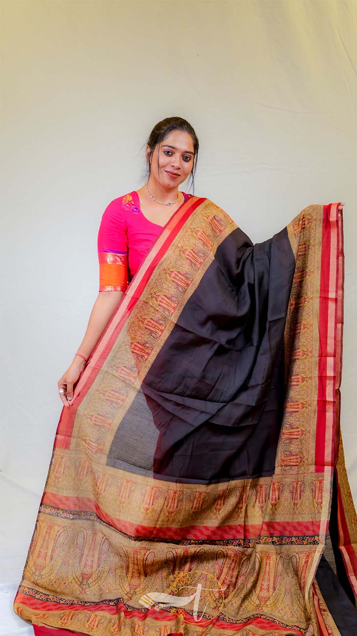 Woman wearing a traditional saree with a plain background