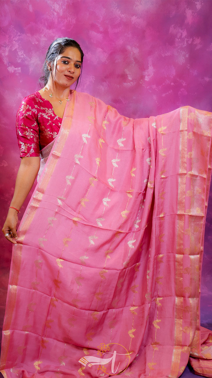 Woman wearing a pink saree with a gold border against a pink background