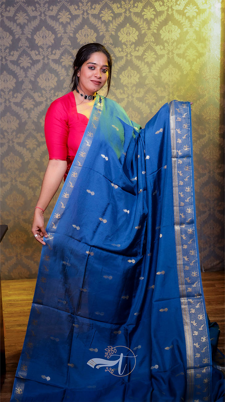 Woman holding a blue saree with a pattern against a decorative wall.