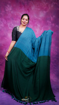 Woman wearing a green and blue saree against a purple background
