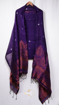 Purple patterned scarf with fringe on a white background
