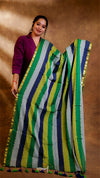 Woman wearing a colorful striped saree against a brown background
