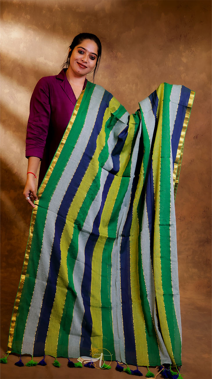 Woman wearing a colorful striped saree against a brown background