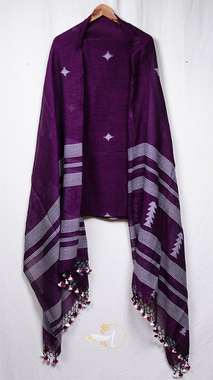 Purple scarf with white patterns and tassels on a white background