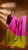 Woman holding a pink and green saree against a brown background