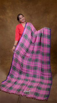 Woman holding a pink and green checkered saree against a brown background