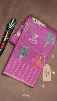 Purple fabric with floral patterns on a brown background