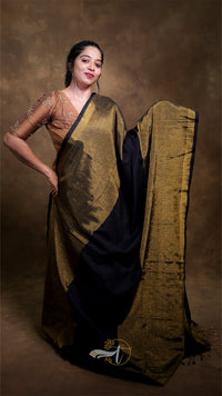 Woman wearing a traditional saree with a gold and black pattern against a brown background