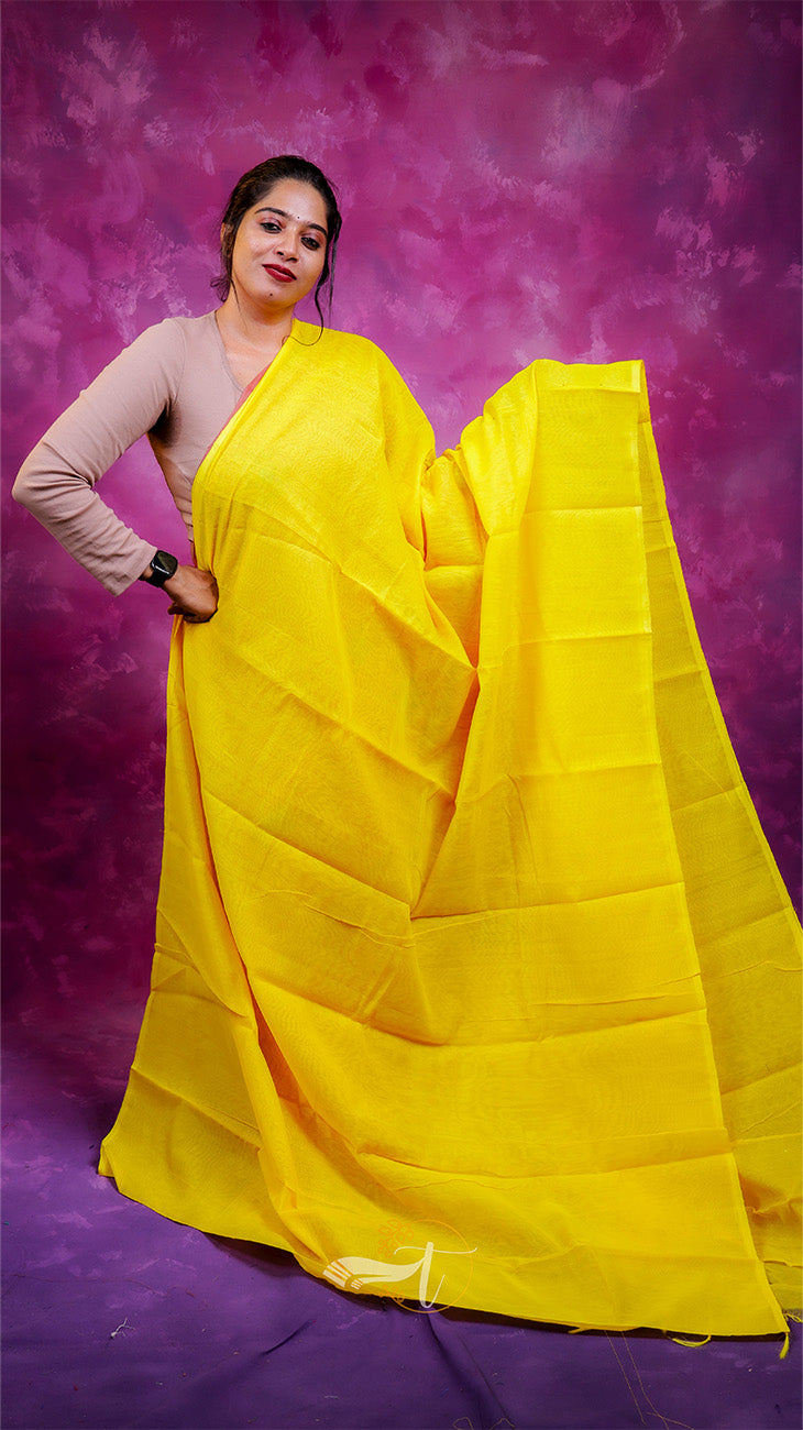 Woman holding a yellow saree against a purple background