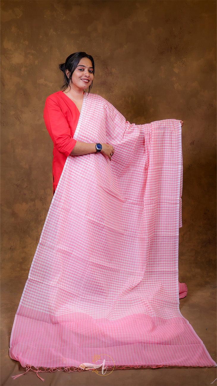 Woman holding a pink saree against a brown background