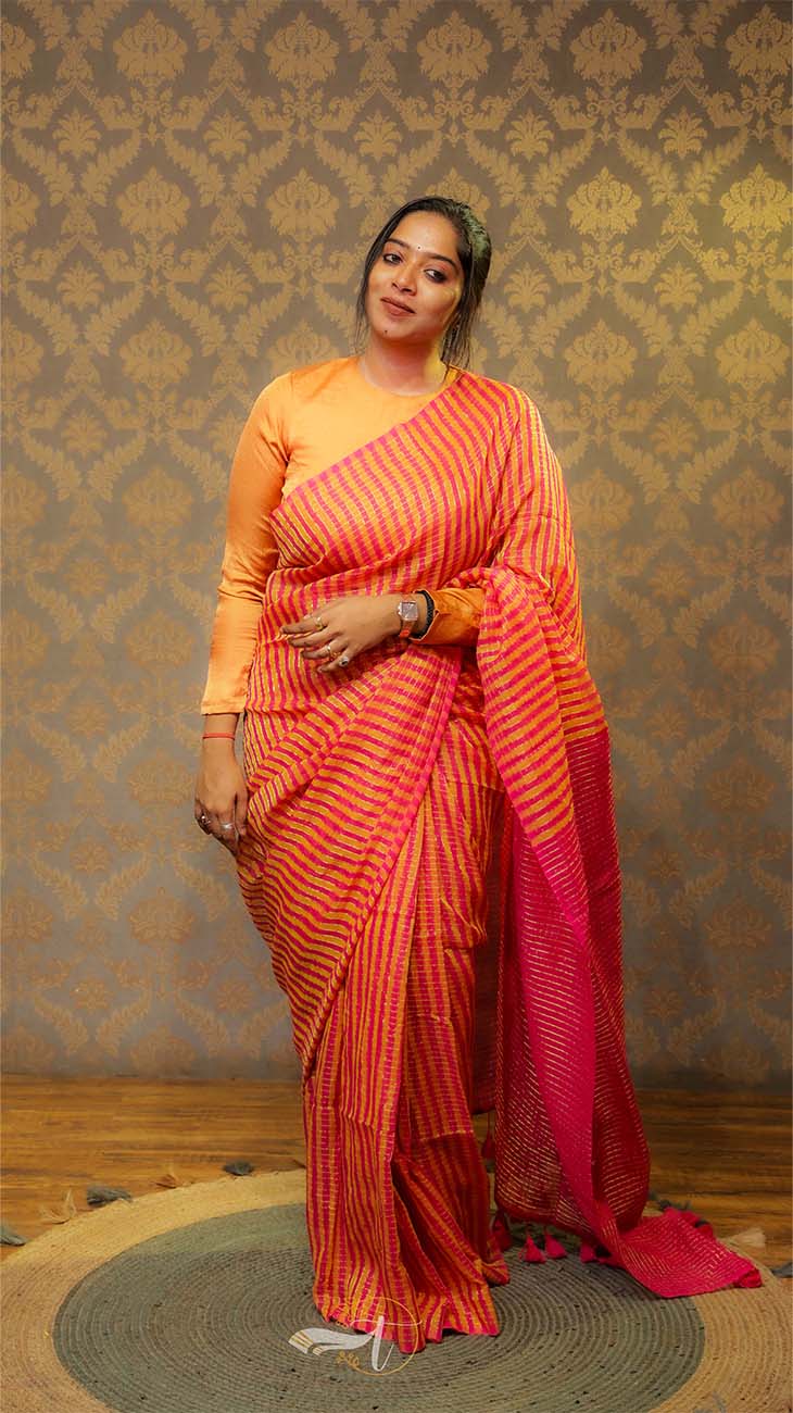 Woman wearing a traditional saree with a patterned background