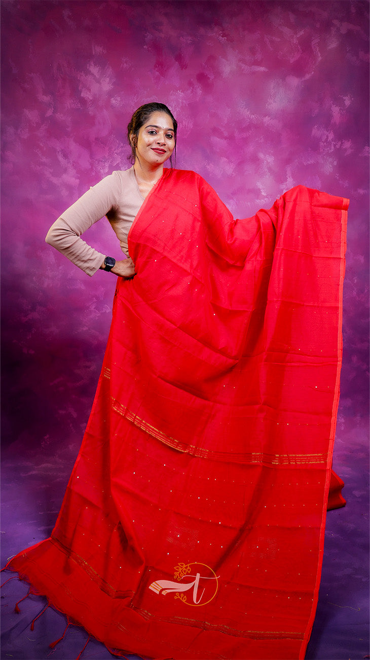 Woman wearing a red saree with a purple background