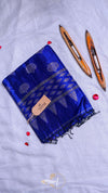 Blue saree with black patterns on a white background