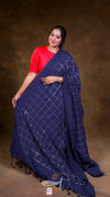 Woman wearing a blue saree with white patterns on a brown background