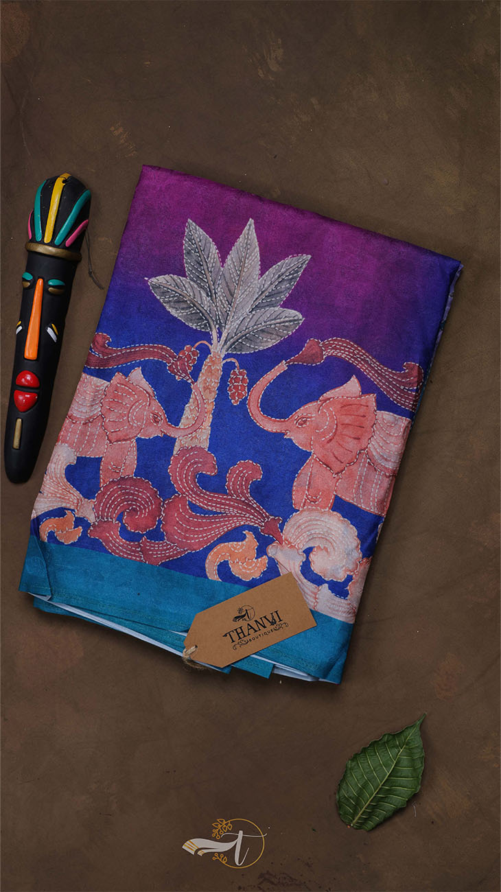 Embroidered fabric with elephants and leaves on a brown background