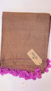 Brown scarf with purple tassels and a visible brand tag on a white background