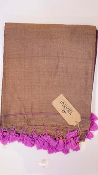 Brown scarf with purple tassels and a visible brand tag on a white background