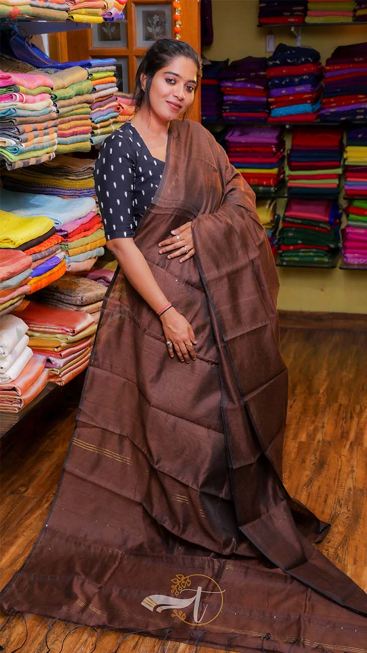 Woman in a brown saree standing in a fabric store with colorful fabrics in the background.
