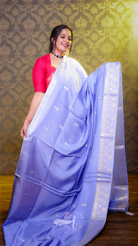 Woman wearing a light blue saree with a pink blouse against a patterned wall.