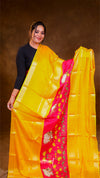 Woman wearing a yellow saree with a pink border against a brown background