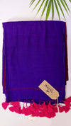 Purple scarf with pink tassels and a visible brand tag on a white background