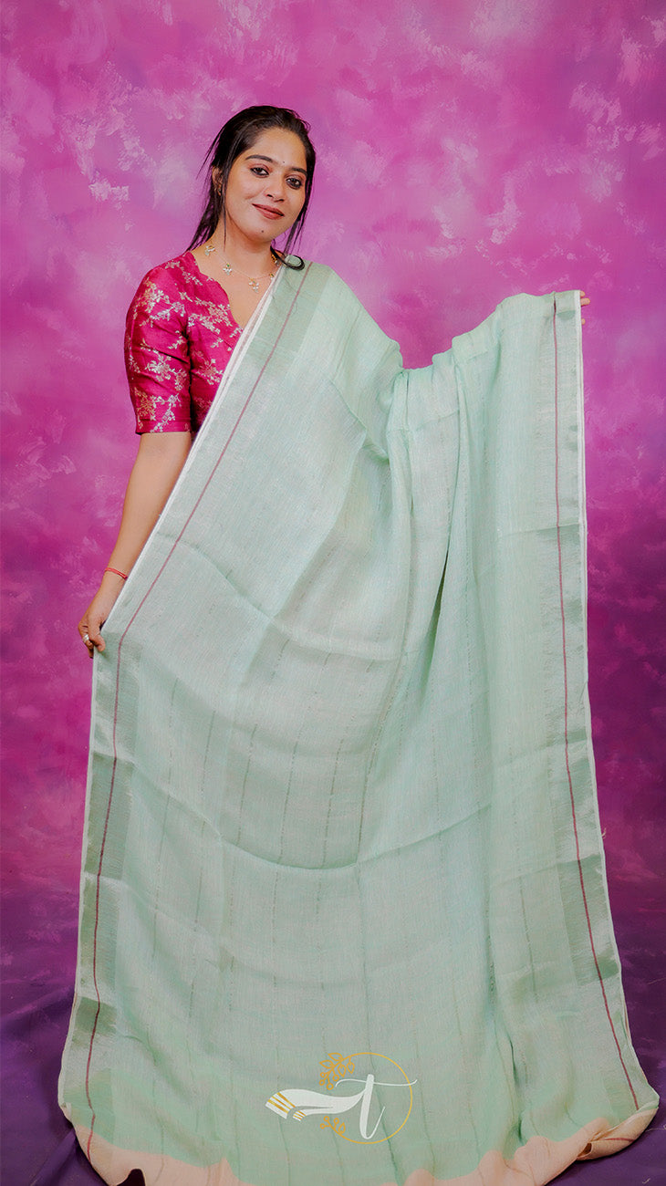 Woman wearing a light green saree with a pink blouse against a pink background