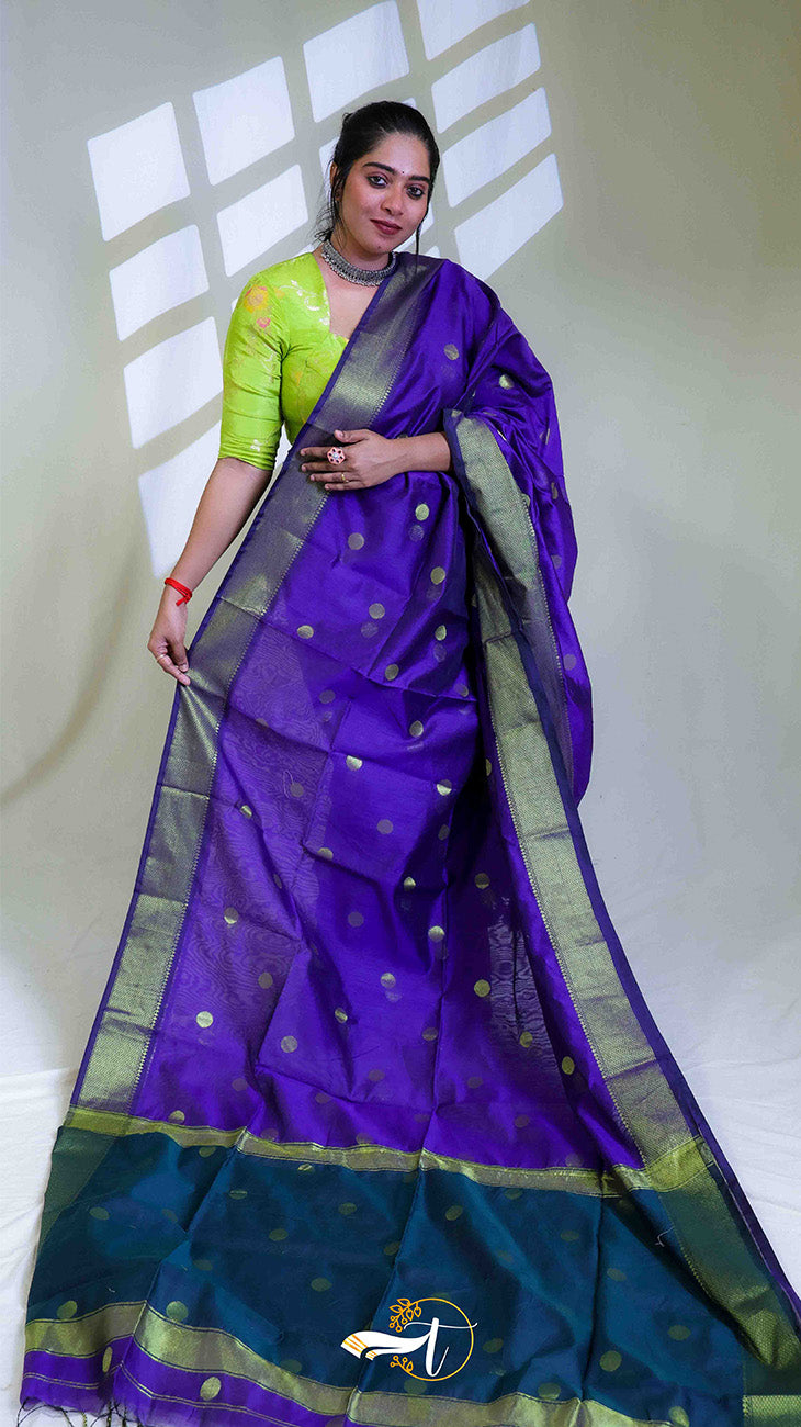 Woman wearing a purple saree with green border against a white background