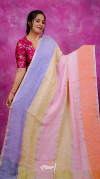 Woman wearing a colorful saree with a pink background