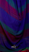 Colorful striped fabric with a logo in the corner