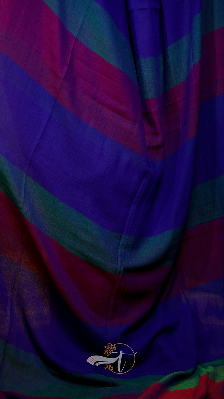Colorful striped fabric with a logo in the corner