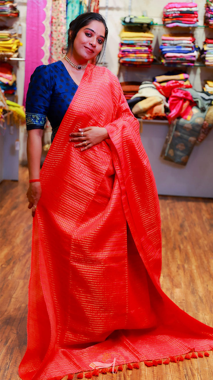 Woman wearing a red saree with a blue blouse in a store setting
