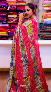 Woman wearing a colorful saree in a fabric store