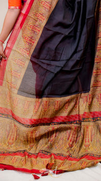 Close-up of a saree with intricate patterns and colors.