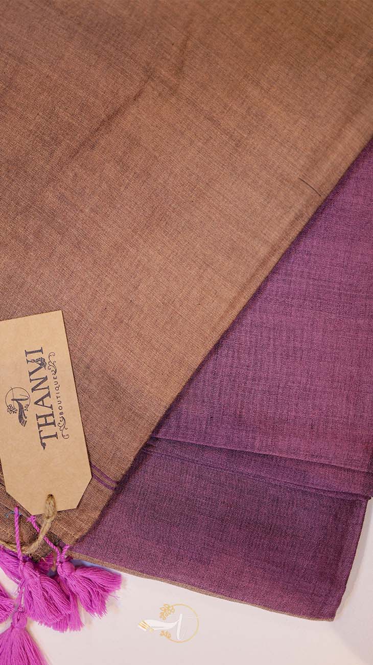 Brown and purple fabric with a 'THANNU' tag on a light background