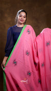 Woman wearing a pink saree with green border and black eye designs on a brown background