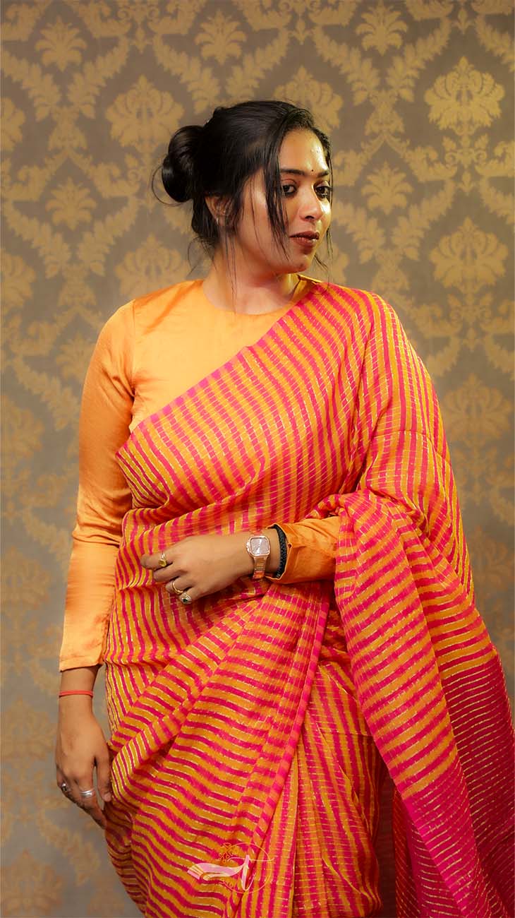 Woman wearing a traditional saree with a patterned background